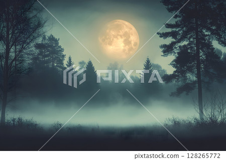 Atmospheric Halloween background with moonlight and misty trees. Ideal for posters, party flyers, or horror-themed designs. 128265772