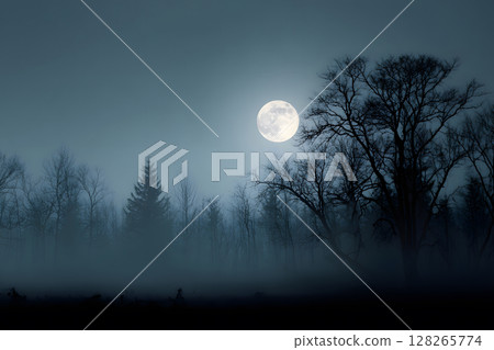 Atmospheric Halloween background with moonlight and misty trees. Ideal for posters, party flyers, or horror-themed designs. 128265774