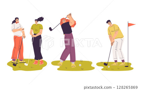 A Group of Diverse Golfers Engaging in a Friendly and Enjoyable Game Outdoors Together 128265869