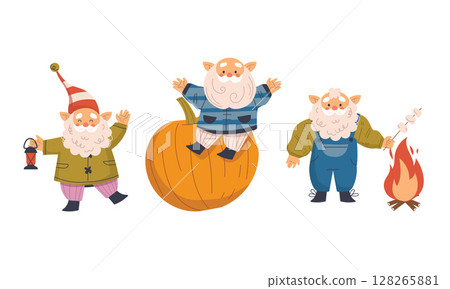 Gnomes Delightfully Celebrating the Beautiful Season of Autumn with a Pumpkin and a Cozy Campfire 128265881