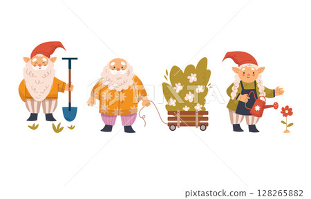 Charming and Delightful Garden Gnomes Joyfully Engaging in Various Gardening Activities 128265882