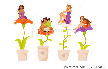 Charming and Delightful Floral Illustrations Featuring Women in Various Beautiful Designs 128265892