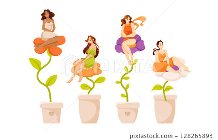 Charming and whimsical illustrations of women alongside beautiful floral designs in pots 128265893