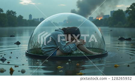 Woman Sheltered in a Bubble Amidst Chaos. 128265932