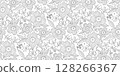 Seamless floral pattern with hand-drawn black outlines on a white background. Perfect for adult coloring books, fabric prints, wallpapers, packaging, and creative DIY projects. 128266367