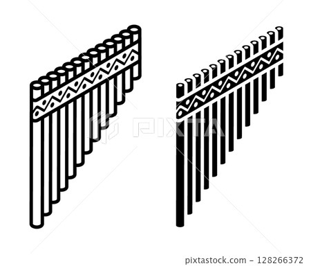 Linear icon, isometric Peruvian wind flute national musical instrument made of a series of wooden tubes of different tones. Simple black and white top view vector isolated on white background 128266372