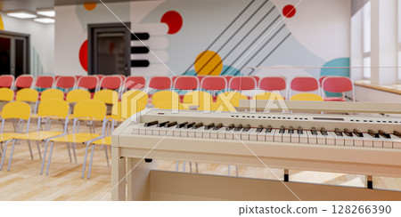 Modern school assembly hall interior with piano Modern school assembly hall interior with piano 128266390