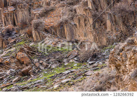 Eroded sedimentary rocks with sparse vegetation in mountainous Kyrgyzstan region Eroded sedimentary rocks with sparse vegetation in mountainous Kyrgyzstan region 128266392