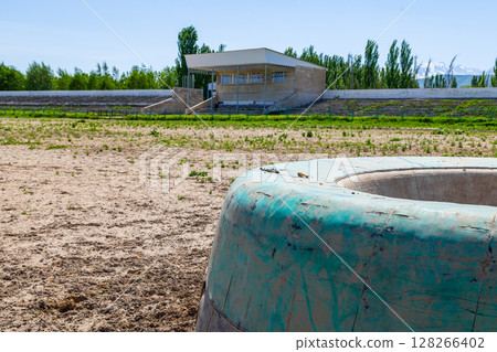 Green kazan in Kok-Boru stadium at sunny summer day. 128266402