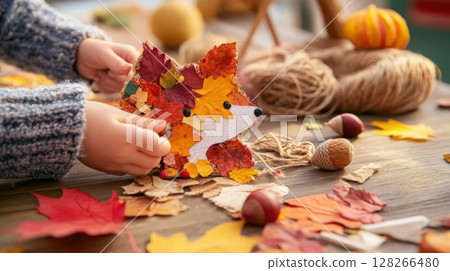 Child's hand holding a completed leaf collage shaped like a fox, surrounded by crafting supplies, showcasing a cozy and joyful creative mess 128266480