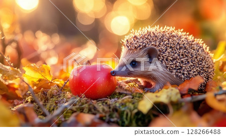 Hedgehog beside a red apple in a nest of colorful fall leaves with soft forest light and bokeh 128266488