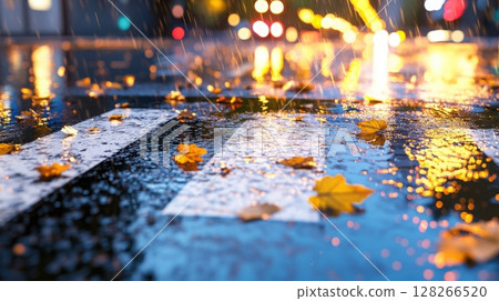Close-up of rain-soaked pedestrian crossing with reflections from glowing lamppost at night 128266520