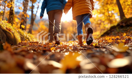 Couple walking side by side on a quiet forest trail with warm clothes, embracing late afternoon sun, leaves crunching beneath their steps 128266521