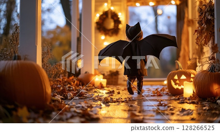 Child in whimsical bat costume with soft wings on a decorated seasonal porch at dusk 128266525