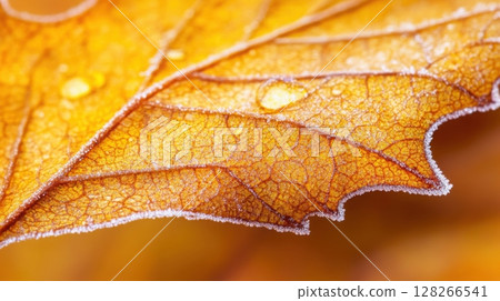 Close-up macro of a golden oak leaf with crisp edges and frost crystals along the veins and tips Close-up macro of a golden oak leaf with crisp edges and frost crystals along the veins and tips 128266541