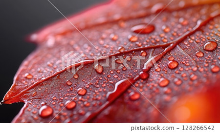 Close-up of a deep red maple leaf with fine vein patterns and glossy droplets along the ridges 128266542