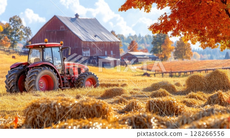 Classic farm landscape with a red tractor by the barn under a pastel gradient sky 128266556