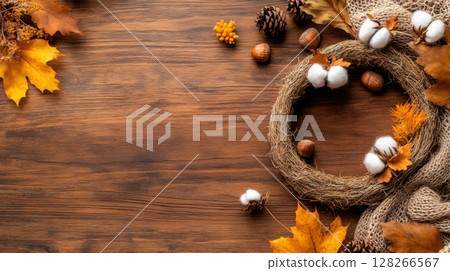 Charming still life of an autumn wreath on textured wood with orange leaves, pinecones, cotton flowers, and scattered chestnuts 128266567