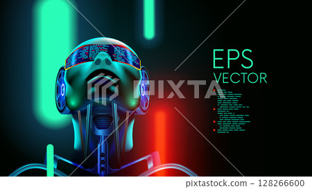 AI. A robot with artificial intelligence or a cyborg in the concept of a human face or head with electronic parts. Artificial General Intelligence or AGI. Cyborg head, looking up. Sci-fi vector. 128266600