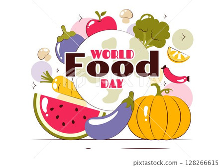 World Food Day Vector Illustration on October 16, Featuring a Variety of Foods, Fruits, and Vegetables in a Flat Style Cartoon Background 128266615