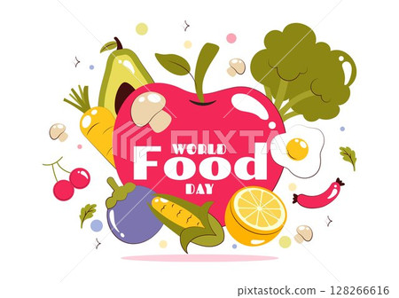 World Food Day Vector Illustration on October 16, Featuring a Variety of Foods, Fruits, and Vegetables in a Flat Style Cartoon Background 128266616