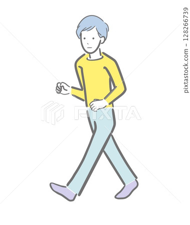 一幅淺色插圖,描繪了一位面無表情的年輕男子走路的樣子 一幅淺色插圖,描繪了一位面無表情的年輕男子走路的樣子 128266739