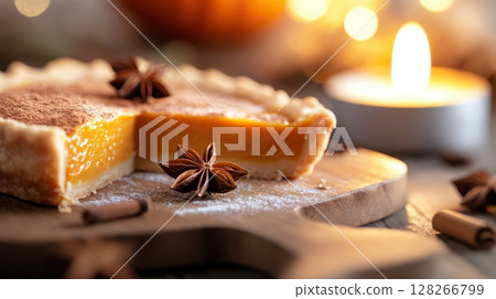 Close-up angled shot of a warm pumpkin pie slice on a ceramic dish with cozy, inviting ambiance and detailed lighting 128266799