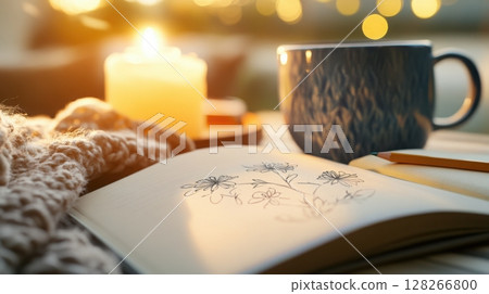 Candlelit desk featuring an open sketchbook with a graphite pencil and floral outlines, a cozy blanket on chair, and a ceramic mug in a serene creative space 128266800