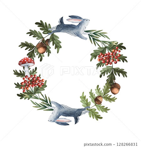 Watercolor woodland wreath with rabbit, oak and pine branches, acorns, cones, mushrooms, rowan and sea buckthorn for cards, baby designs, packaging 128266831