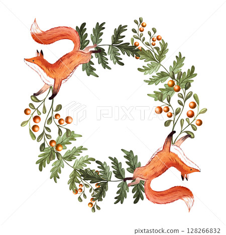 Watercolor woodland wreath with fox, oak and pine branches, acorns, cones, mushrooms, rowan and sea buckthorn for cards, baby designs, packaging 128266832