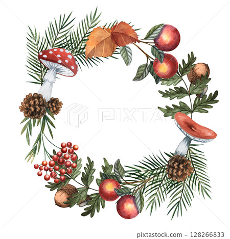 Watercolor woodland wreath with apple and oak branches, acorns, cones, mushrooms, leaves, rowan and sea buckthorn for cards, baby designs, packaging Watercolor woodland wreath with apple and oak branches, acorns, cones, mushrooms, leaves, rowan and sea buckthorn for cards, baby designs, packaging 128266833