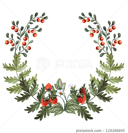 Watercolor woodland wreath with wild strawberry, oak branches, acorns, cones, mushrooms, rowan and sea buckthorn for cards, baby designs, packaging Watercolor woodland wreath with wild strawberry, oak branches, acorns, cones, mushrooms, rowan and sea buckthorn for cards, baby designs, packaging 128266845