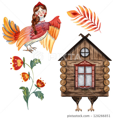 Watercolor Russian fairytale clipart set Sirin bird, Baba Yaga hut on chicken legs, magic flower and firebird feather, hand painted for storytelling, decor, children design, invitations and cards Watercolor Russian fairytale clipart set Sirin bird, Baba Yaga hut on chicken legs, magic flower and firebird feather, hand painted for storytelling, decor, children design, invitations and cards 128266851