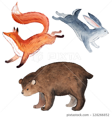 Watercolor forest animal clipart set fox, rabbit, bear in Russian fairytale folk style, hand painted illustration for children design, nursery decor, greeting cards, posters and storytelling projects Watercolor forest animal clipart set fox, rabbit, bear in Russian fairytale folk style, hand painted illustration for children design, nursery decor, greeting cards, posters and storytelling projects 128266852