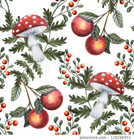 Seamless watercolor pattern with apples on branch, red berries, forest leaves and fly agaric mushrooms on white background in Russian fairy tale style for children designs, packaging and textiles 128266853