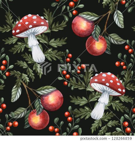 Seamless watercolor pattern with apples on branch, red berries, forest leaves and fly agaric mushrooms on black background in Russian fairy tale style for children designs, packaging and textiles Seamless watercolor pattern with apples on branch, red berries, forest leaves and fly agaric mushrooms on black background in Russian fairy tale style for children designs, packaging and textiles 128266859