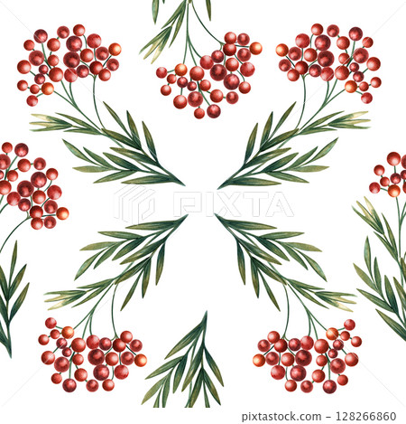 Seamless watercolor pattern with cranberry branches and red berries on white background in Russian fairytale folk style for children designs, textiles, packaging, wrapping paper and storybook decor Seamless watercolor pattern with cranberry branches and red berries on white background in Russian fairytale folk style for children designs, textiles, packaging, wrapping paper and storybook decor 128266860