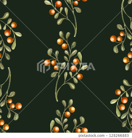 Seamless watercolor pattern with sea buckthorn branches on dark background in Russian fairytale style for children products, baby textiles, packaging, wrapping paper and magical decor 128266883