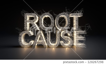 Illuminated text "Root Cause" with a sparkly, abstract design. 128267298