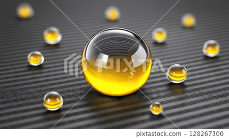 Transparent spheres with yellow liquid on a textured surface. Transparent spheres with yellow liquid on a textured surface. 128267300