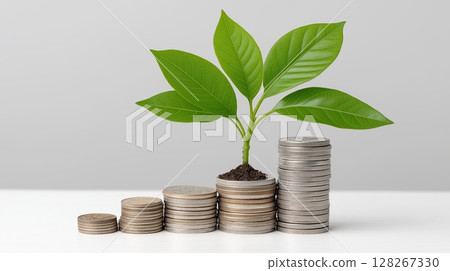 Plant growing from stacked coins representing financial growth. 128267330