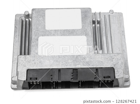 Metallic car engine control unit with plastic elements on a white isolated background is connecting center of various subsystems, units and assemblies. Monitoring the state of the moment. Spare part 128267421