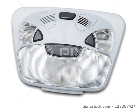 The removed spare part from the car on a white isolated background is the interior light in the ceiling for replacement and repair. Spare parts catalog 128267424