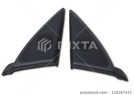 Two tweeter speaker grille of an acoustic system - an audio for playing music in a car interior on a white isolated background. Spare parts for auto repair in a workshop or for sale for tuning. 128267431