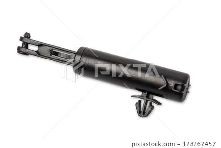 black plastic shock absorber - detail of a car mechanism on a white isolated background. Spare parts for repair. black plastic shock absorber - detail of a car mechanism on a white isolated background. Spare parts for repair. 128267457