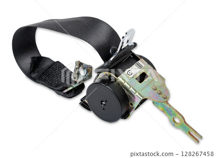 Spare part and interior element black seat belt from a car on a white isolated background. Auto service industry. Spare part and interior element black seat belt from a car on a white isolated background. Auto service industry. 128267458