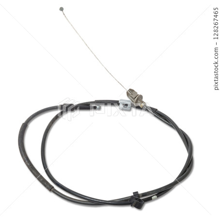Metal cable parking brake isolated on white background. Auto service industry. Parts catalog. Auto service industry. Spare parts catalog. Metal cable parking brake isolated on white background. Auto service industry. Parts catalog. Auto service industry. Spare parts catalog. 128267465