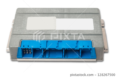 Plastic car engine control unit with metal elements on a white isolated background is the connecting center of various subsystems, units and assemblies. Monitoring the state of the moment. Spare part 128267500