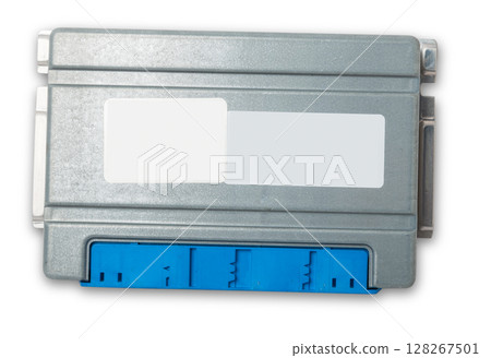 Plastic car engine control unit with metal elements on a white isolated background is the connecting center of various subsystems, units and assemblies. Monitoring the state of the moment. Spare part 128267501