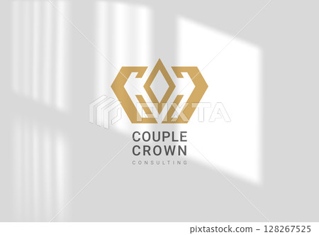Crown vector icon. Geometric crown vector illustration clear monochrome logo design. Corporate gold branding element on white background with shadow presentation 128267525